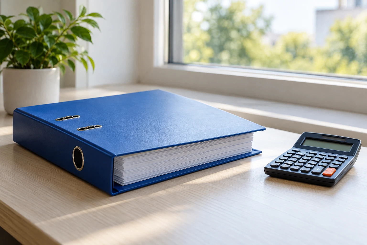 Chemise classeur bleu bien rempli et calculatrice noire sur bureau lumineux près de la fenêtre
