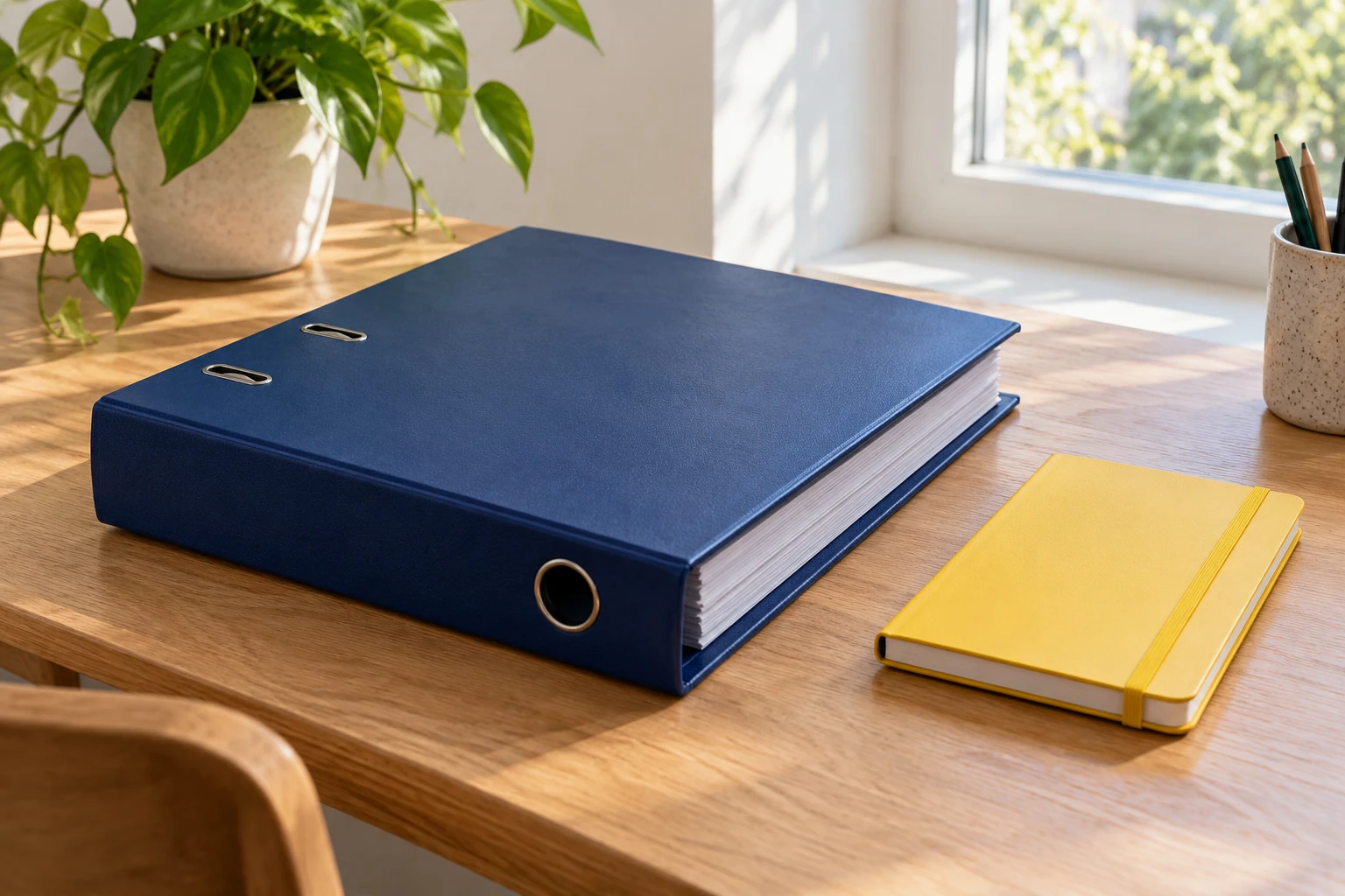 Classeur bleu épais et carnet jaune posés sur bureau en bois près d'une fenêtre lumineuse