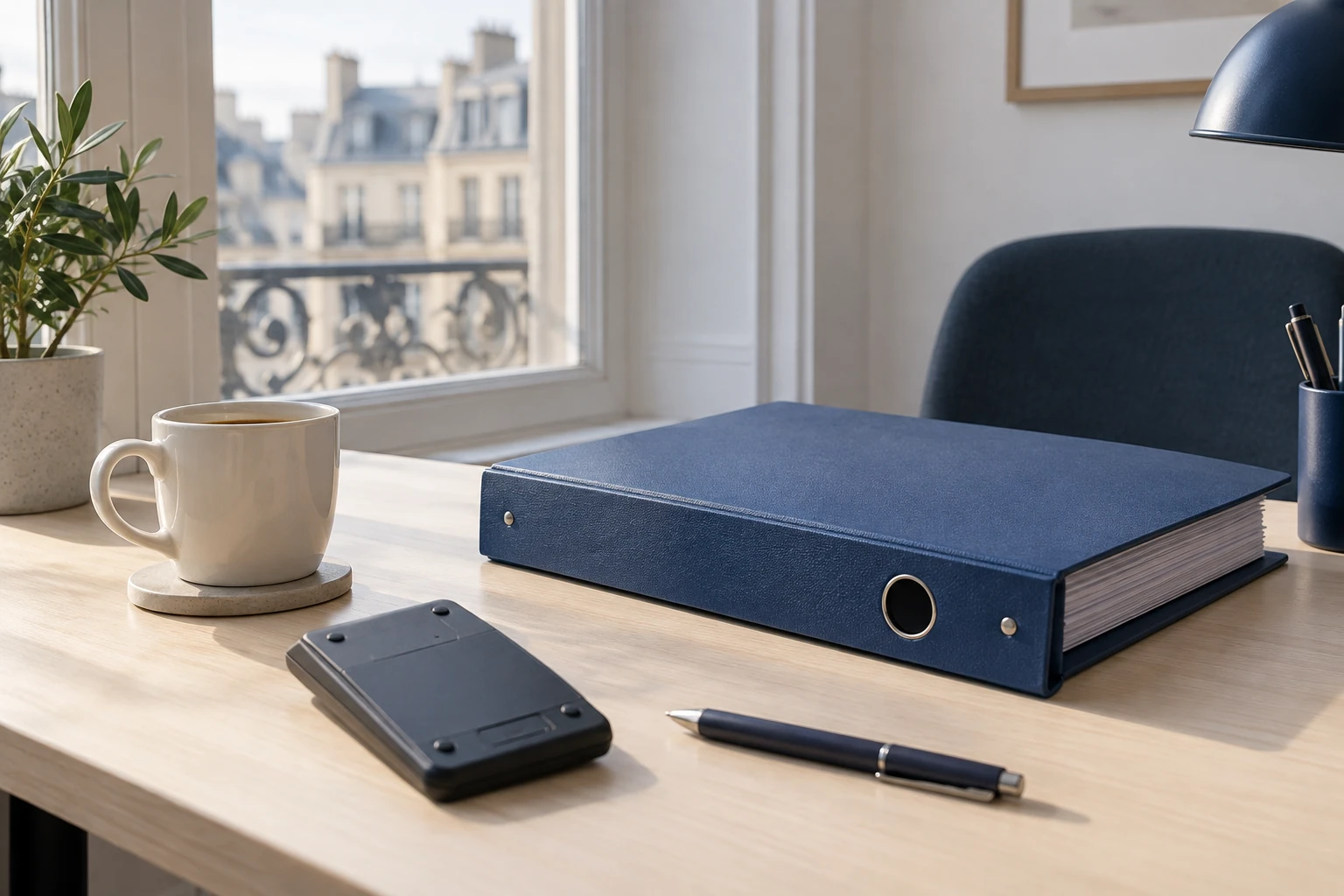 Classeur bleu épais, calculatrice, stylo et tasse sur bureau près de fenêtre parisienne