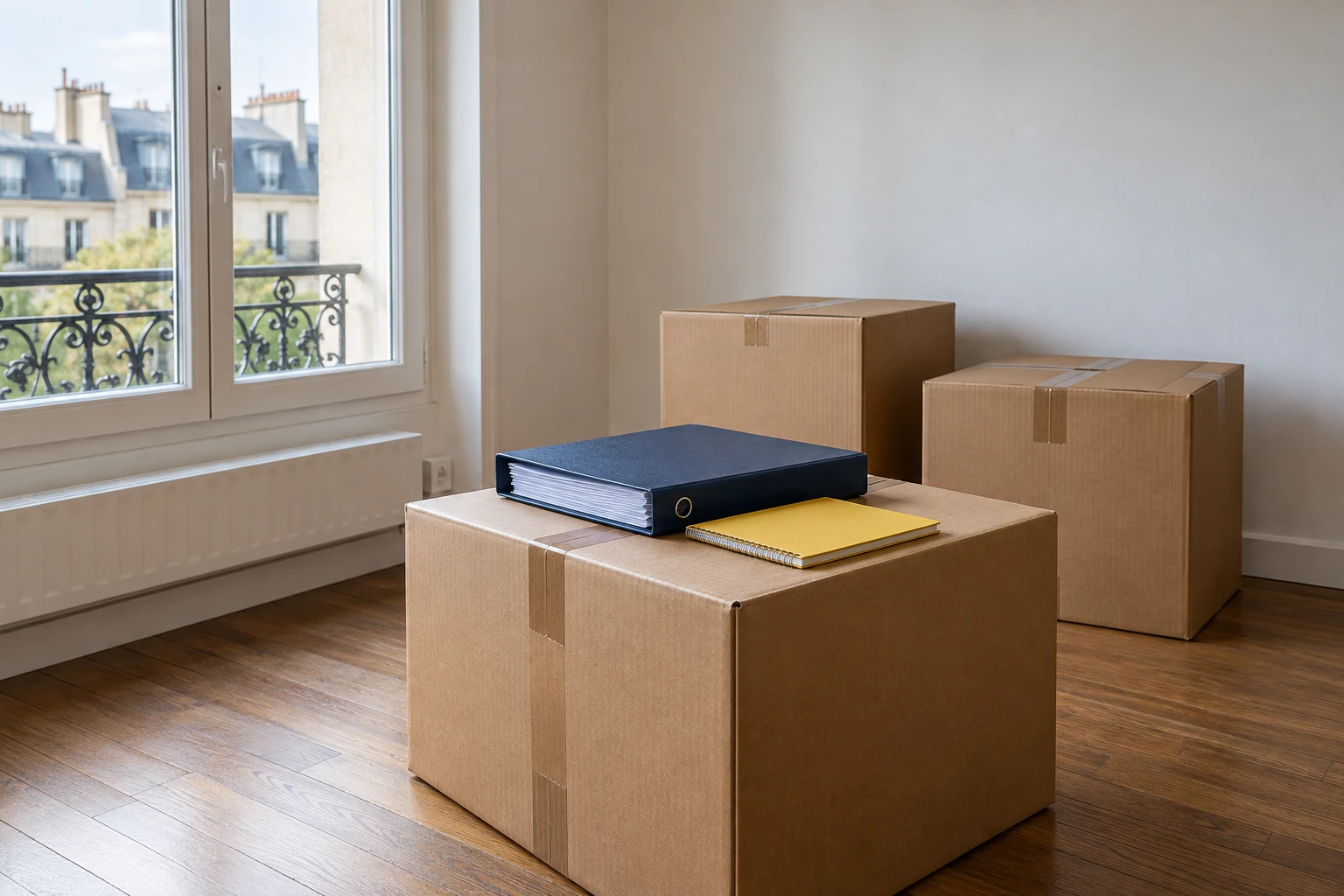 Trois cartons fermés et un classeur bleu avec un carnet jaune posés dans une pièce vide éclairée par une fenêtre