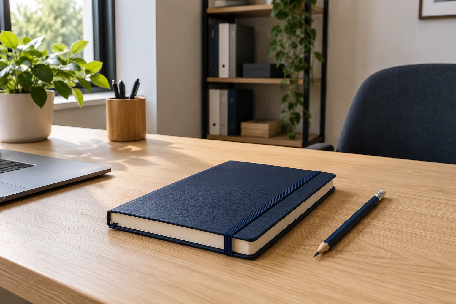 Carnet bleu fermé et crayon sur bureau en bois, ordinateur et plante au soleil