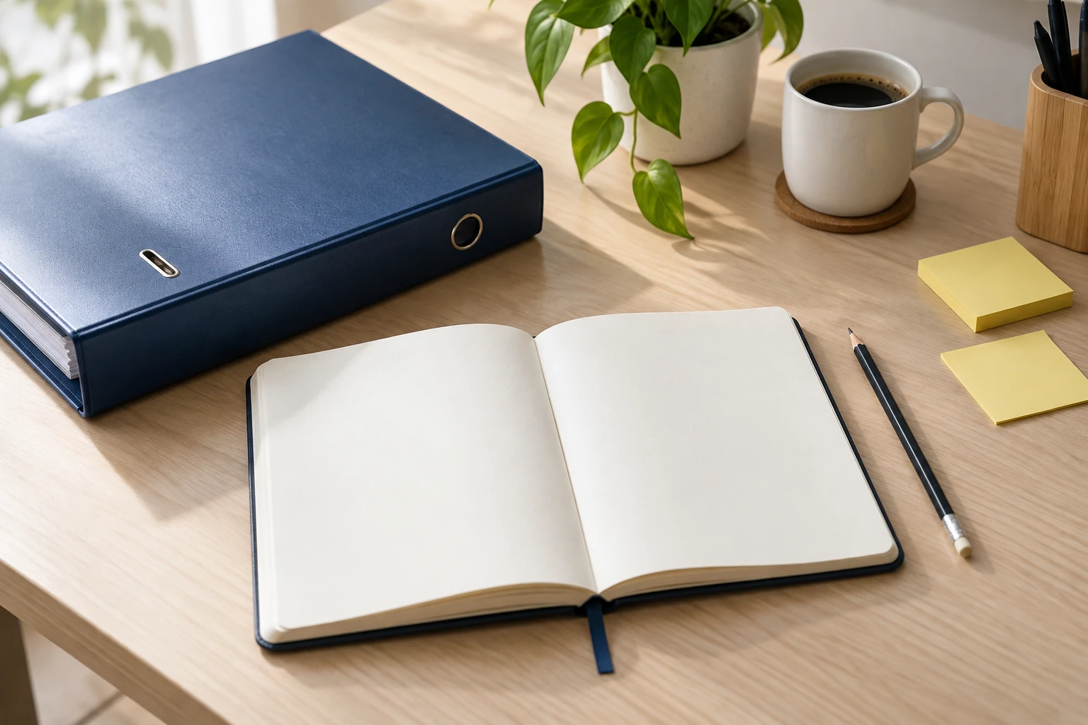 Carnet ouvert vierge, crayon, classeur bleu, tasse de café et plante sur bureau lumineux