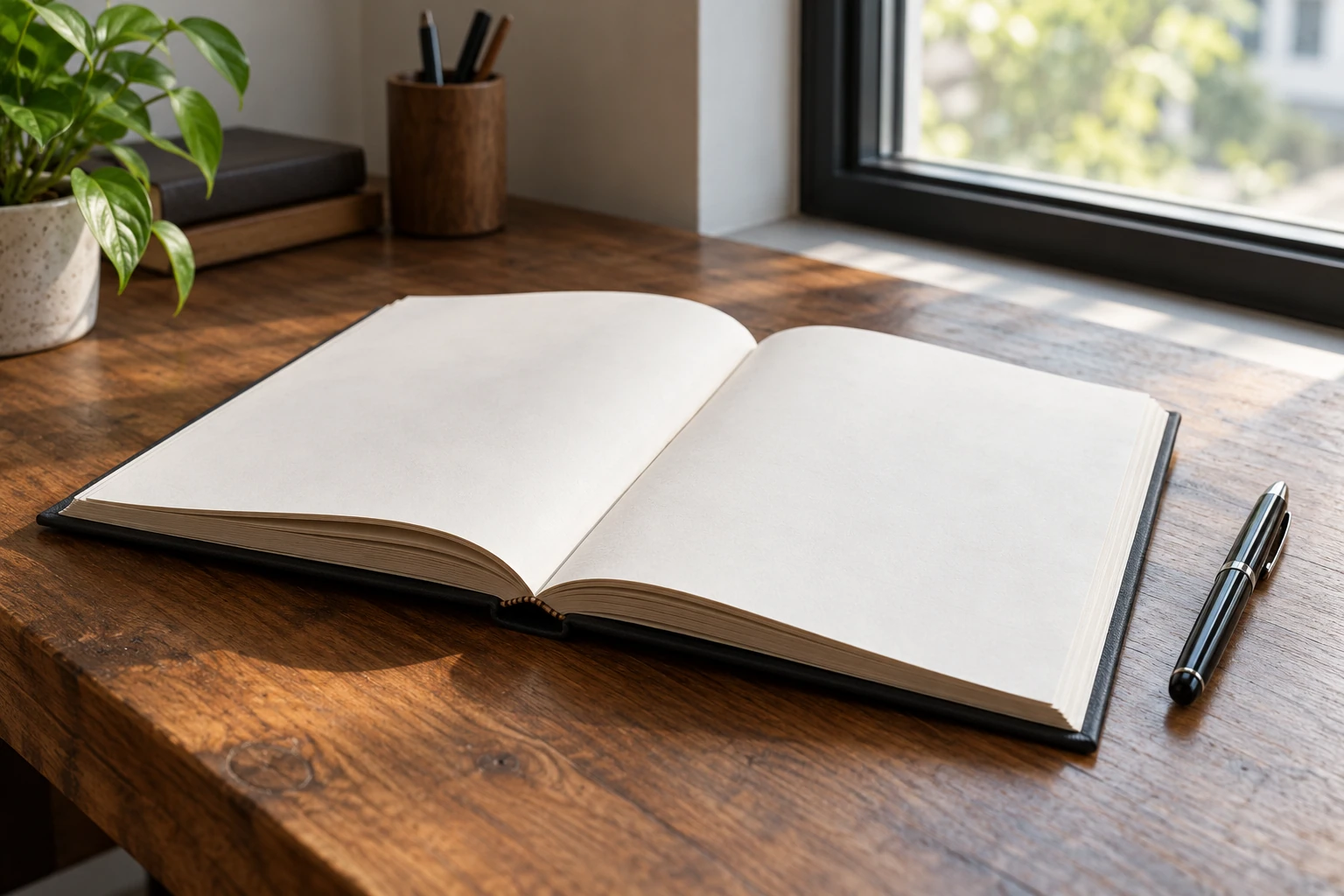 Grand livre ouvert sur bureau en bois près d'une fenêtre, stylo à côté, plante visible